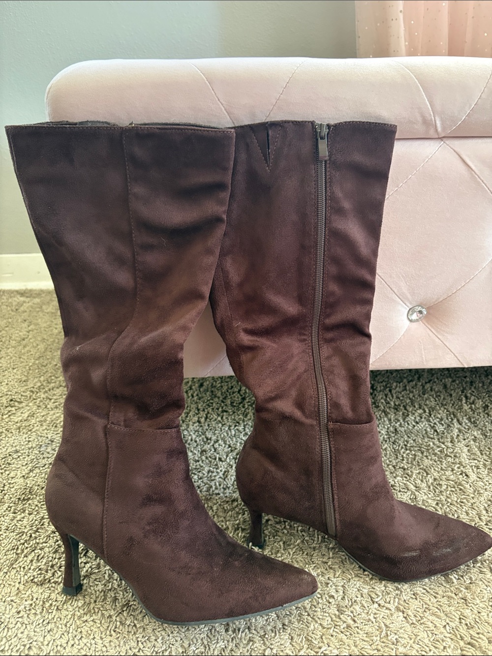 Brown Suede Mid-Calf Pointed Toe Heeled Boots